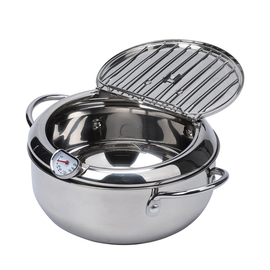 Deep Fryer Pot Tempura Frying Pan 304 Stainless Steel Flat Bottom Japanese Style Cookware W/Lid & Temperature Control Thermometer