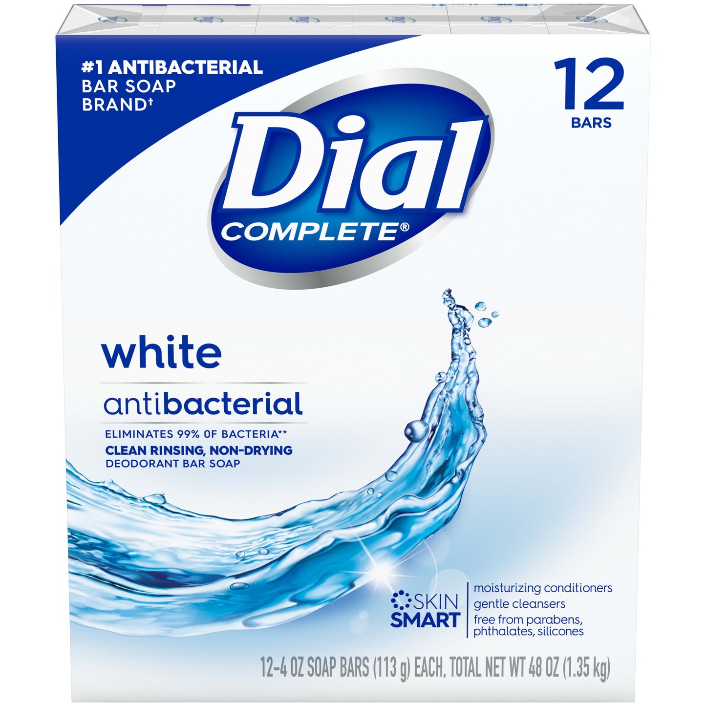 Dial Complete Antibacterial Deodorant Bar Soap, White, 4 oz, 12 Bars