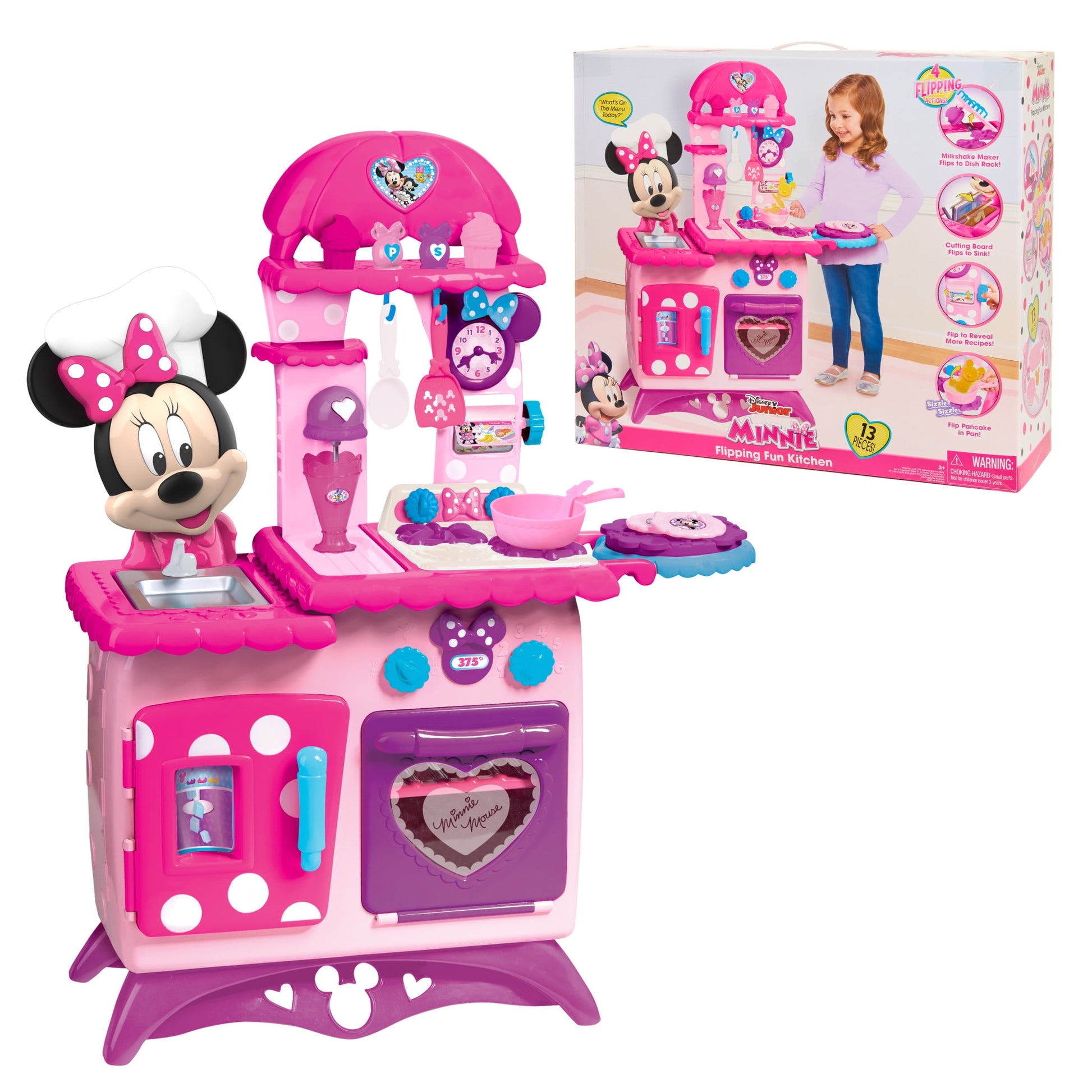 Disney Junior Minnie Mouse Flipping Fun Pretend Play Kitchen Set, Play Food, Realistic Sounds, Kids Toys for Ages 3 up