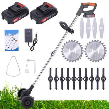 Double Wheel Cordless Electric Lawn Mower Adjustable Length Garden Pruning Cutter Tool with 2 Battery