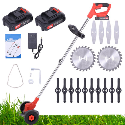 Double Wheel Cordless Electric Lawn Mower Adjustable Length Garden Pruning Cutter Tool with 2 Battery