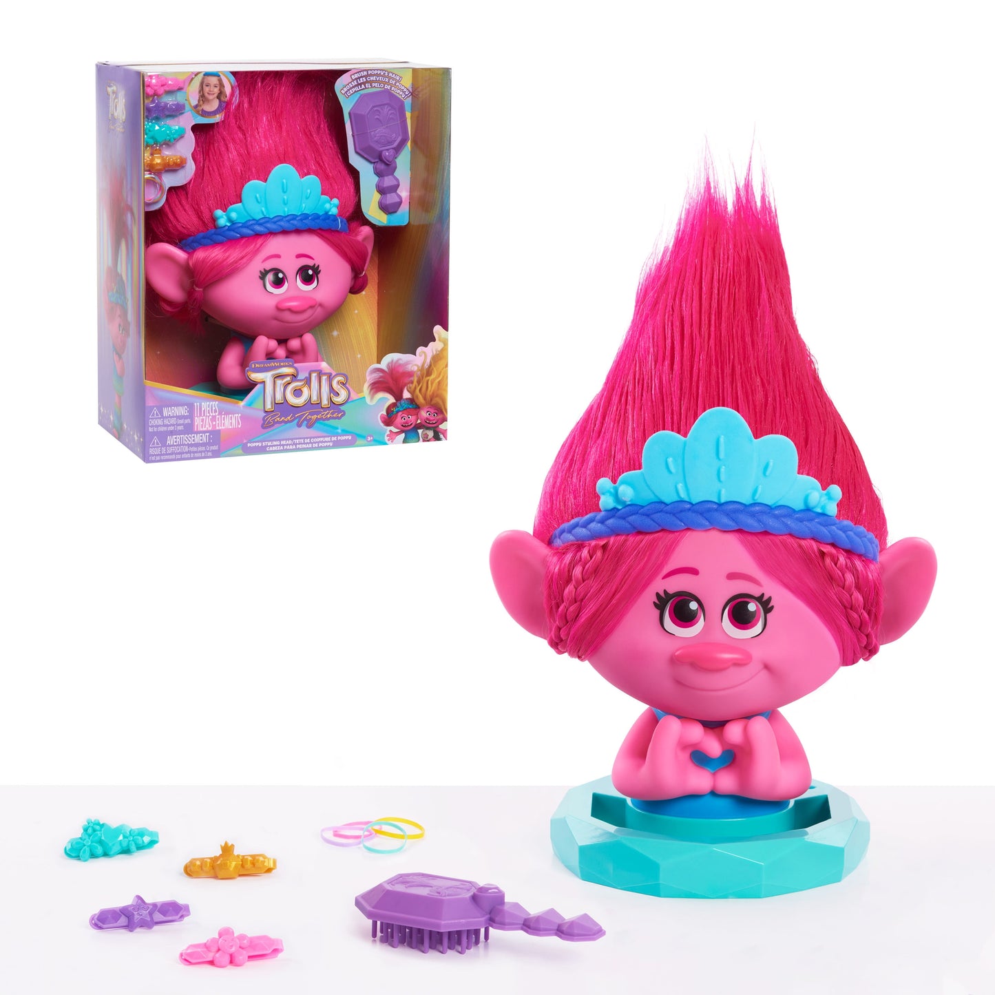 DreamWorks Trolls Band Together Poppy Styling Head Doll, 11-Pieces, Pink, Kids Toys for Ages 3 up