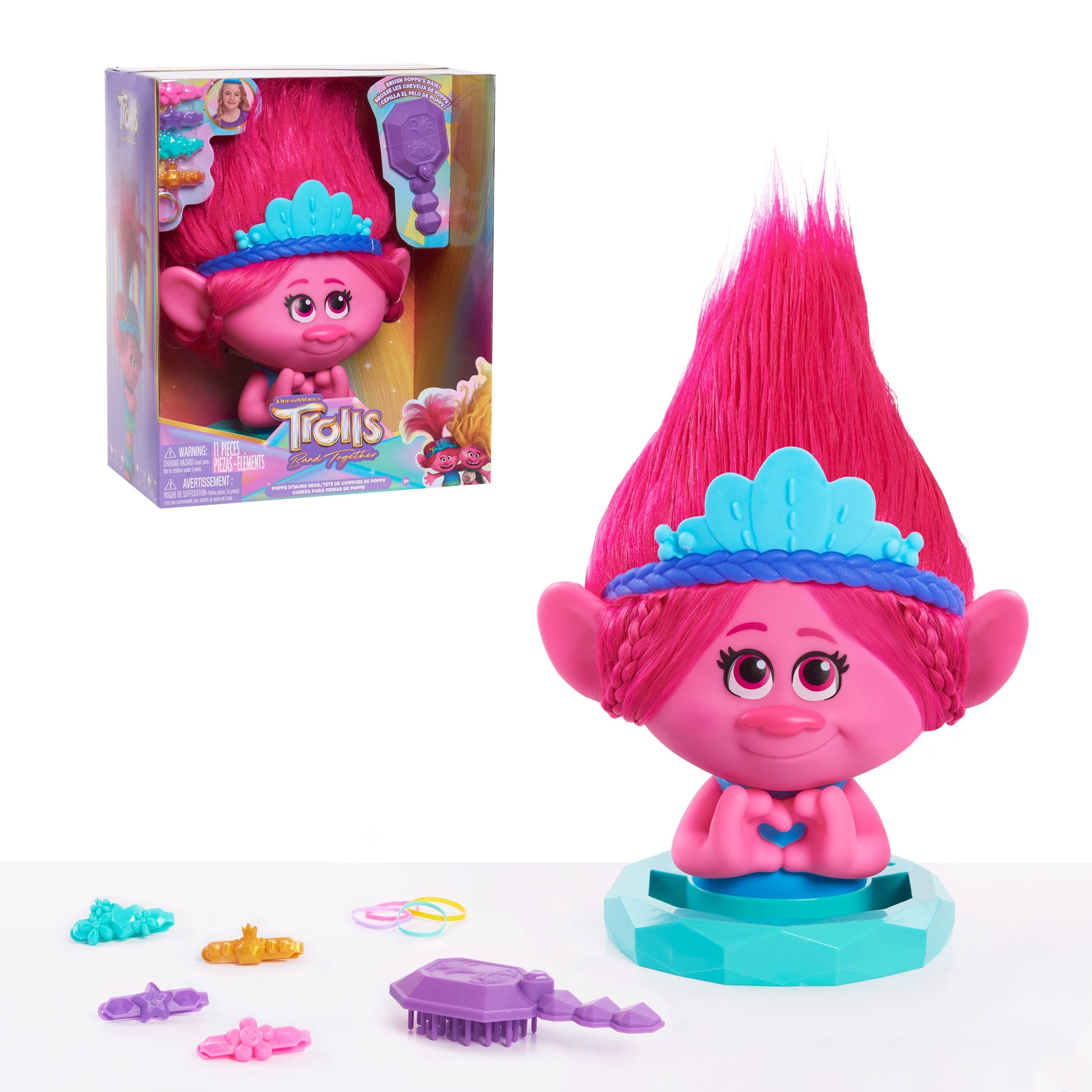 DreamWorks Trolls Band Together Poppy Styling Head Doll, 11-Pieces, Pink, Kids Toys for Ages 3 up