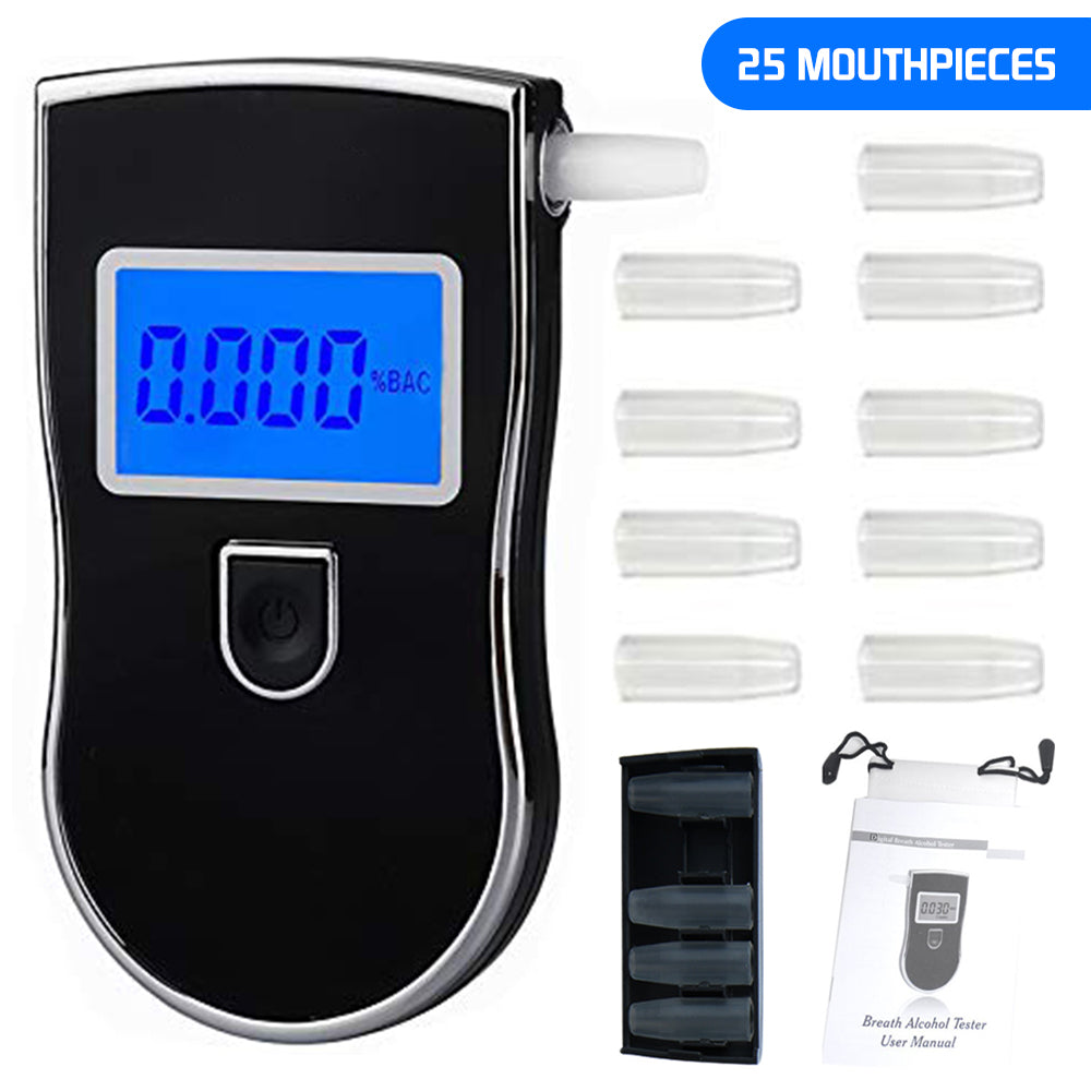 EIMELI Portable Breath Alcohol Tester with 25 Mouthpieces for Personal Home Use， Professional-Grade Accuracy Digital Blue LED Screen