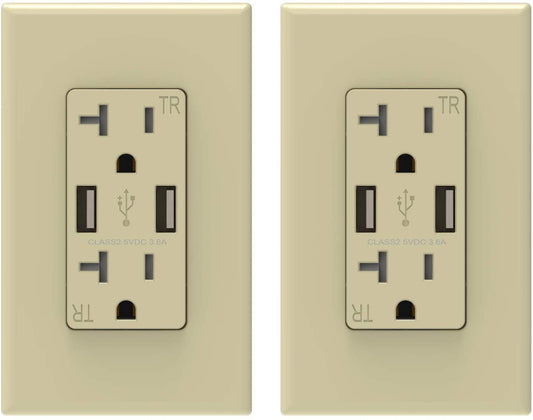 ELEGRP USB Wall Outlet, Dual 3.6 Amp USB Ports, 20 Amp Duplex Tamper Resistant Receptacle Plug, Screwless Wall Plate Included (2 Pack,Ivory)