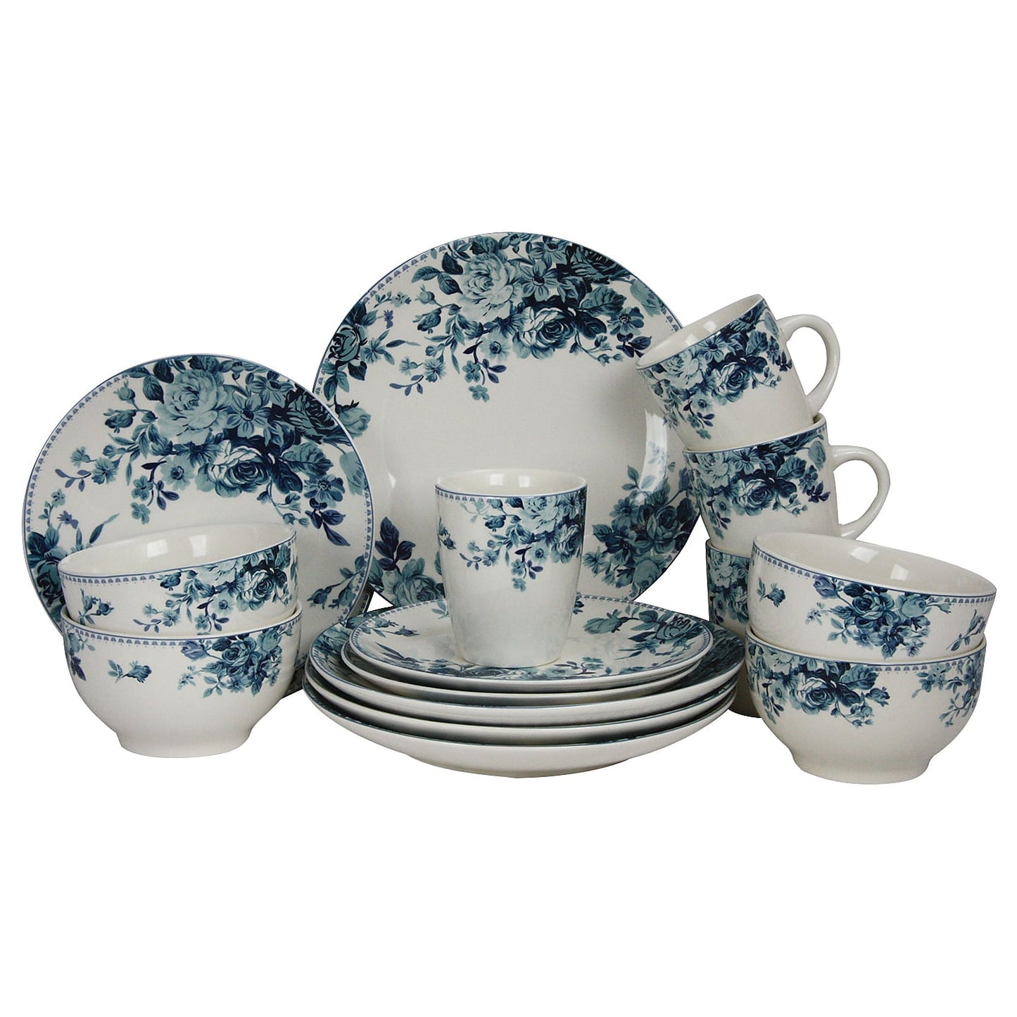 Elama Blue Rose Traditional 16 Piece Elegant Dinnerware Set