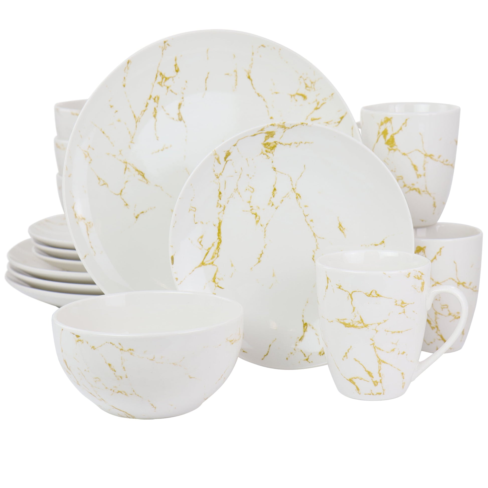 Elama Fine Marble 16 Pieces Stoneware Dinnerware Set in Gold and White