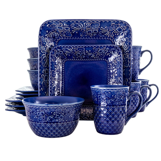 Elama Indigo Lotus 16 Piece Square Stoneware Dinnerware Set