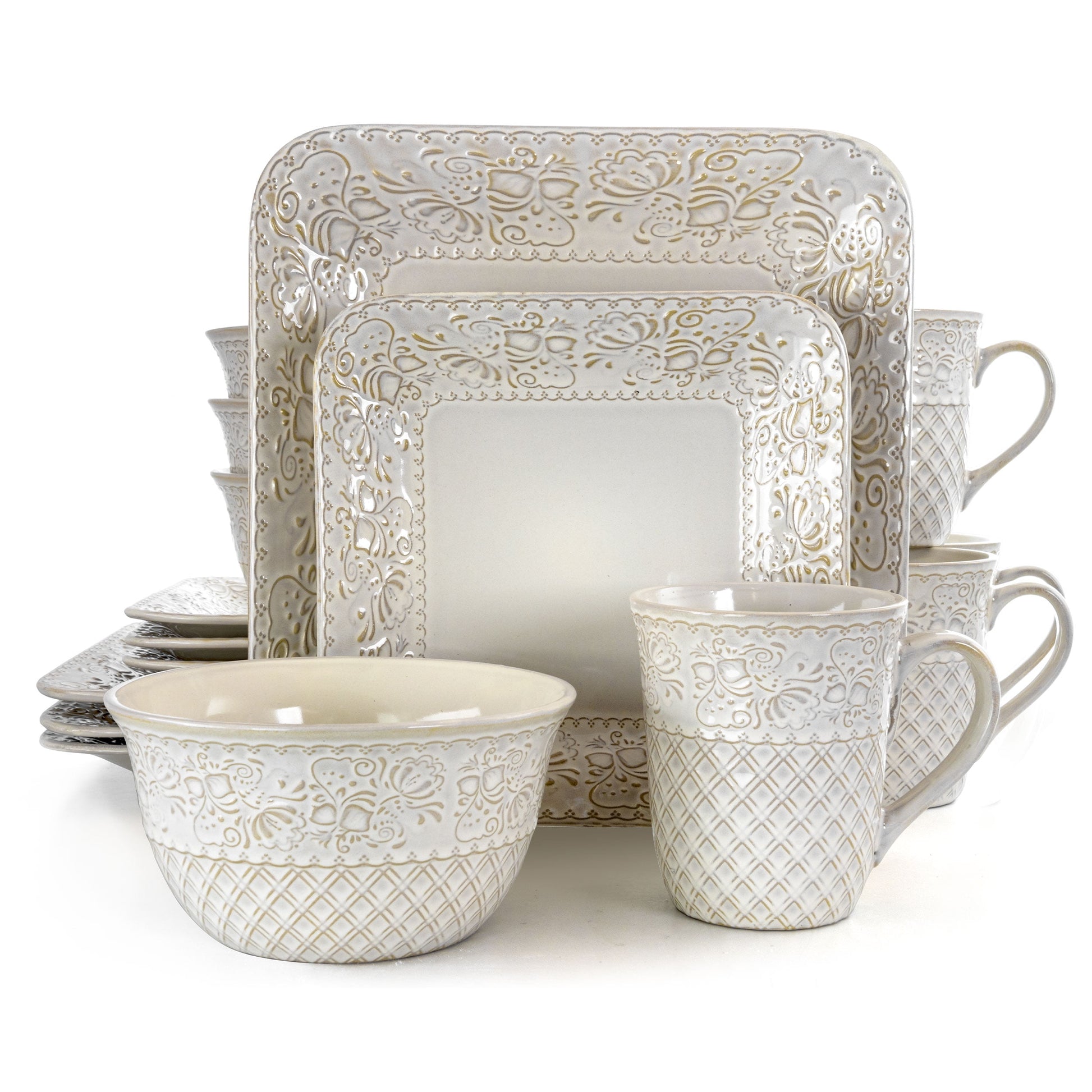 Elama Ivory Lotus 16 Piece Square Stoneware Dinnerware Set