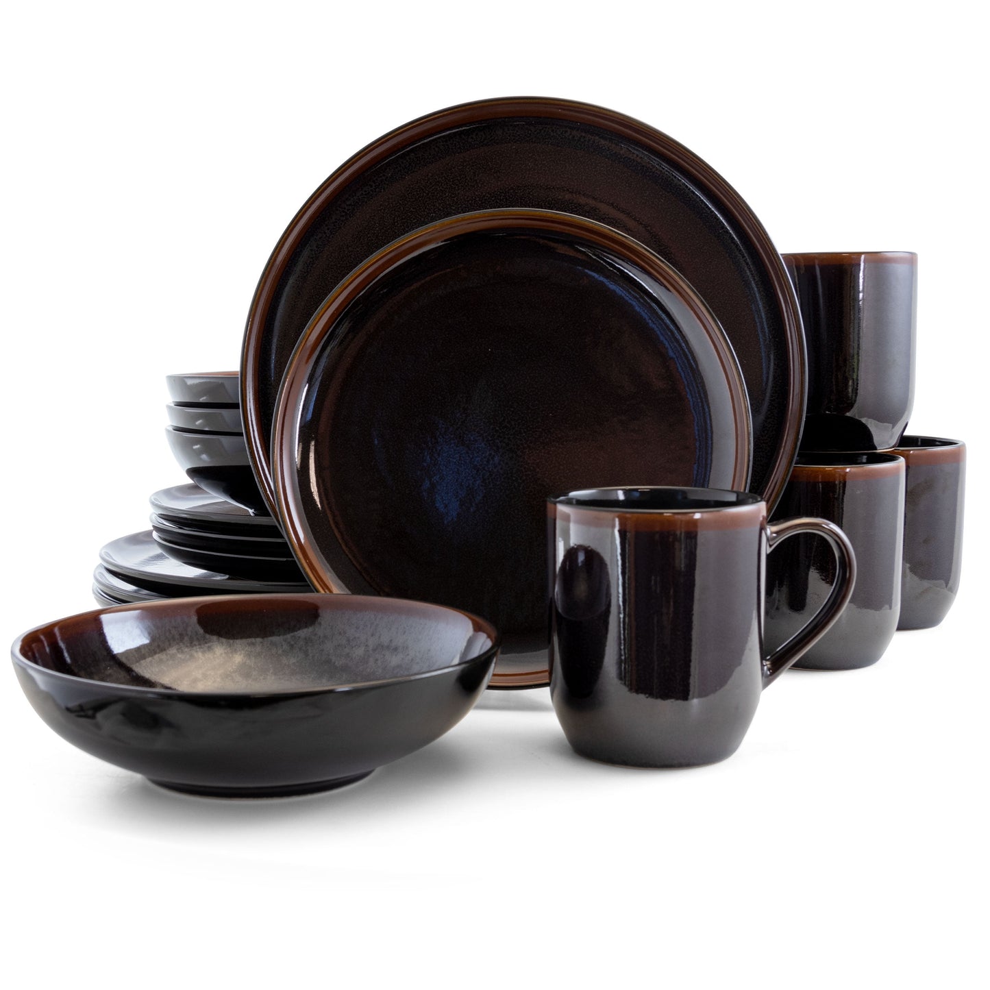 Elama Midnight Beach 16 Pieces Round Stoneware Dinnerware Set in Metallic Black