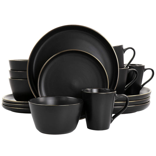 Elama Paul 16 Piece Stoneware Dinnerware Set in Matt Black with Gold Rim