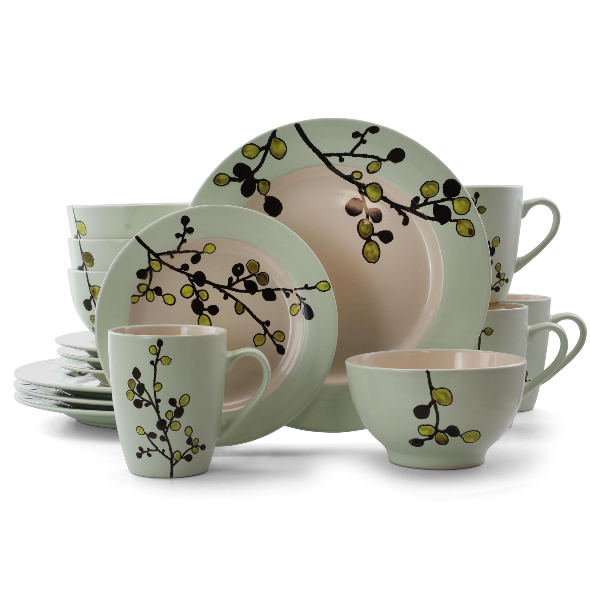 Elama Retro Bloom 16 Piece Round Stoneware Dinnerware Set in Green