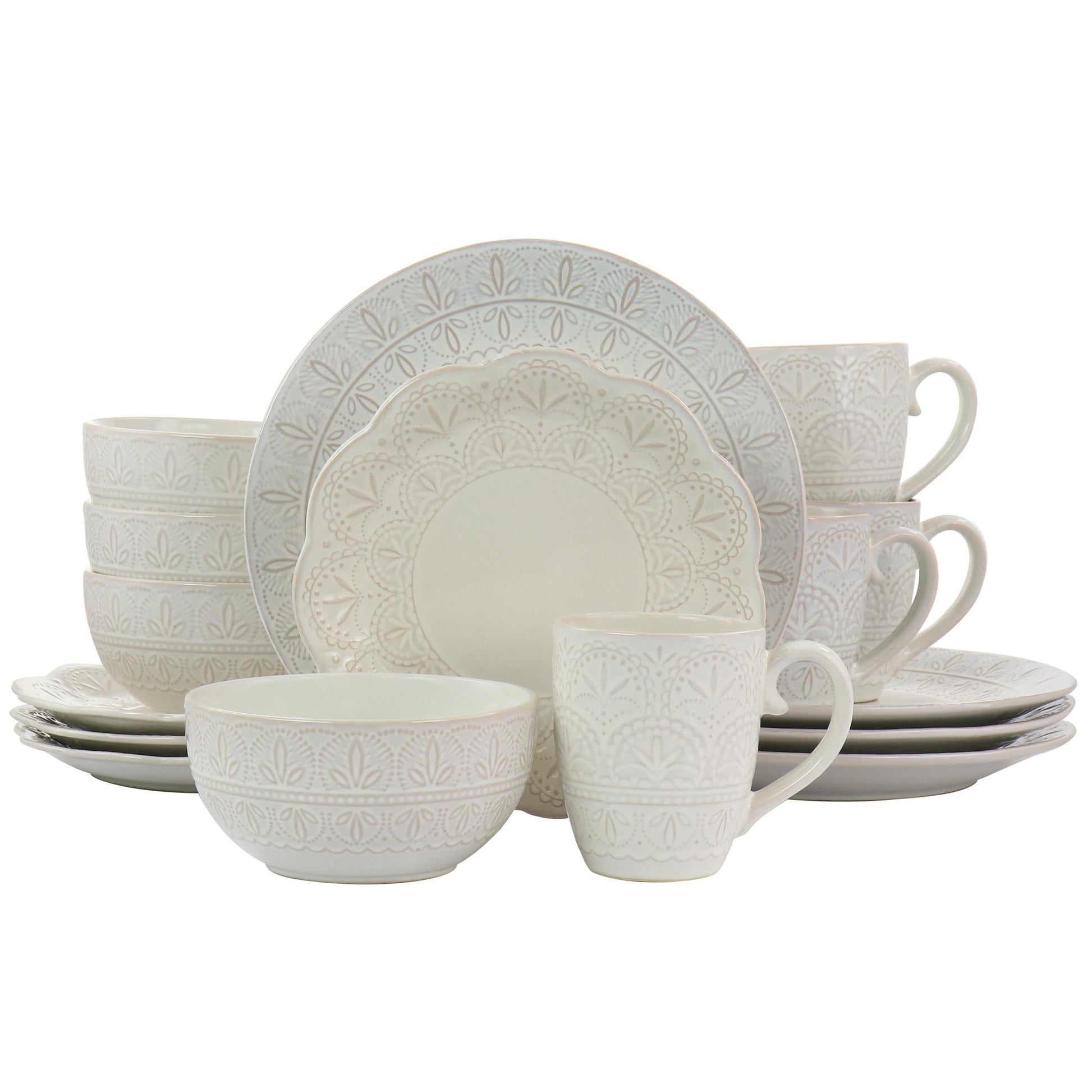 Elama White Lace 16 Piece Round Scallop Stoneware Dinnerware Set in White