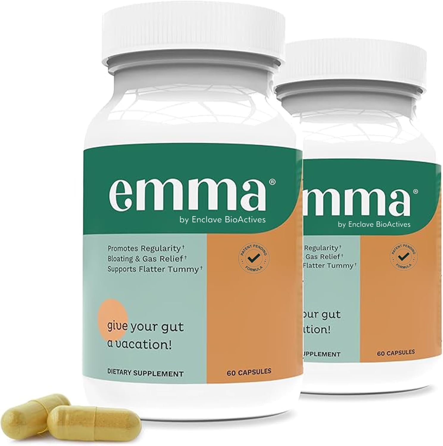 Emma Gut Health - 2 Pack - Gas and Bloating Relief, Constipation, Leaky Gut Repair - Gut Cleanse & Restore Digestion - Regulate Bowel Movement. Probiotics and Laxative Alternative, 120 Capsules