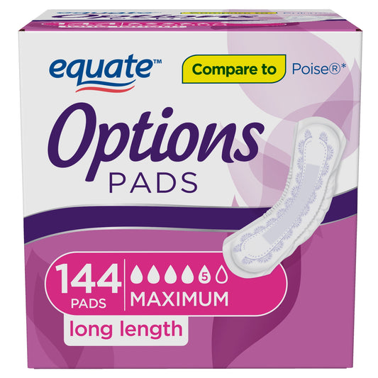 Equate Options Incontinence Pads for Women, Maximum, Long, 144 Count