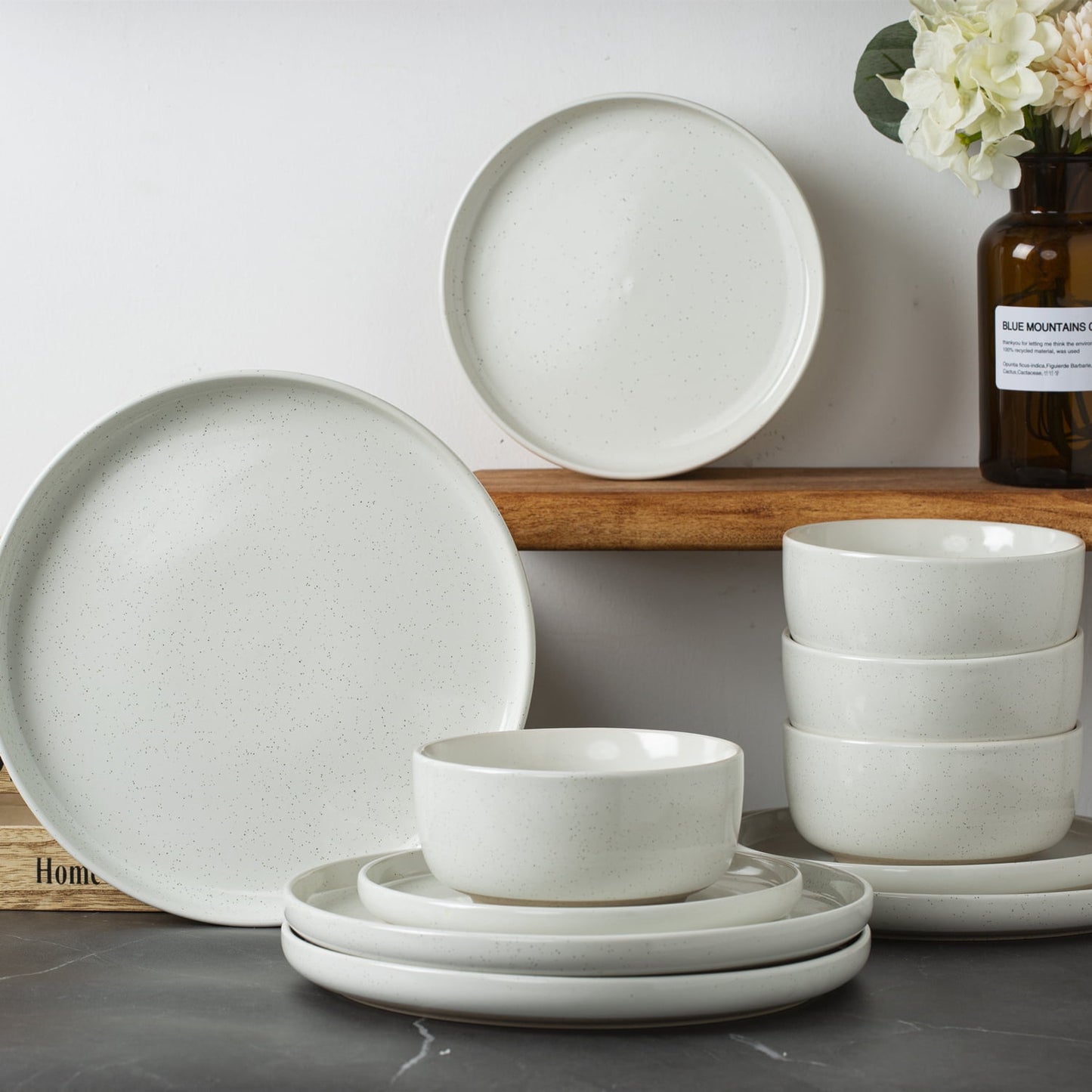 Famiware Plates and Bowls Set, 12 Piece Stoneware Dinnerware Sets, White