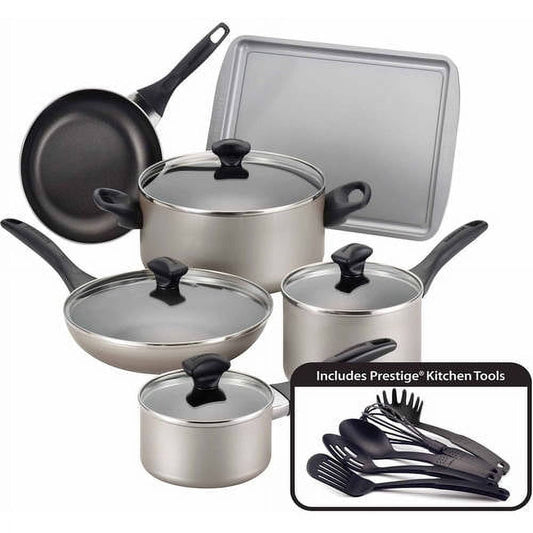 Farberware Dishwasher Safe Nonstick Pots and Pans, 15-Piece, Champagne