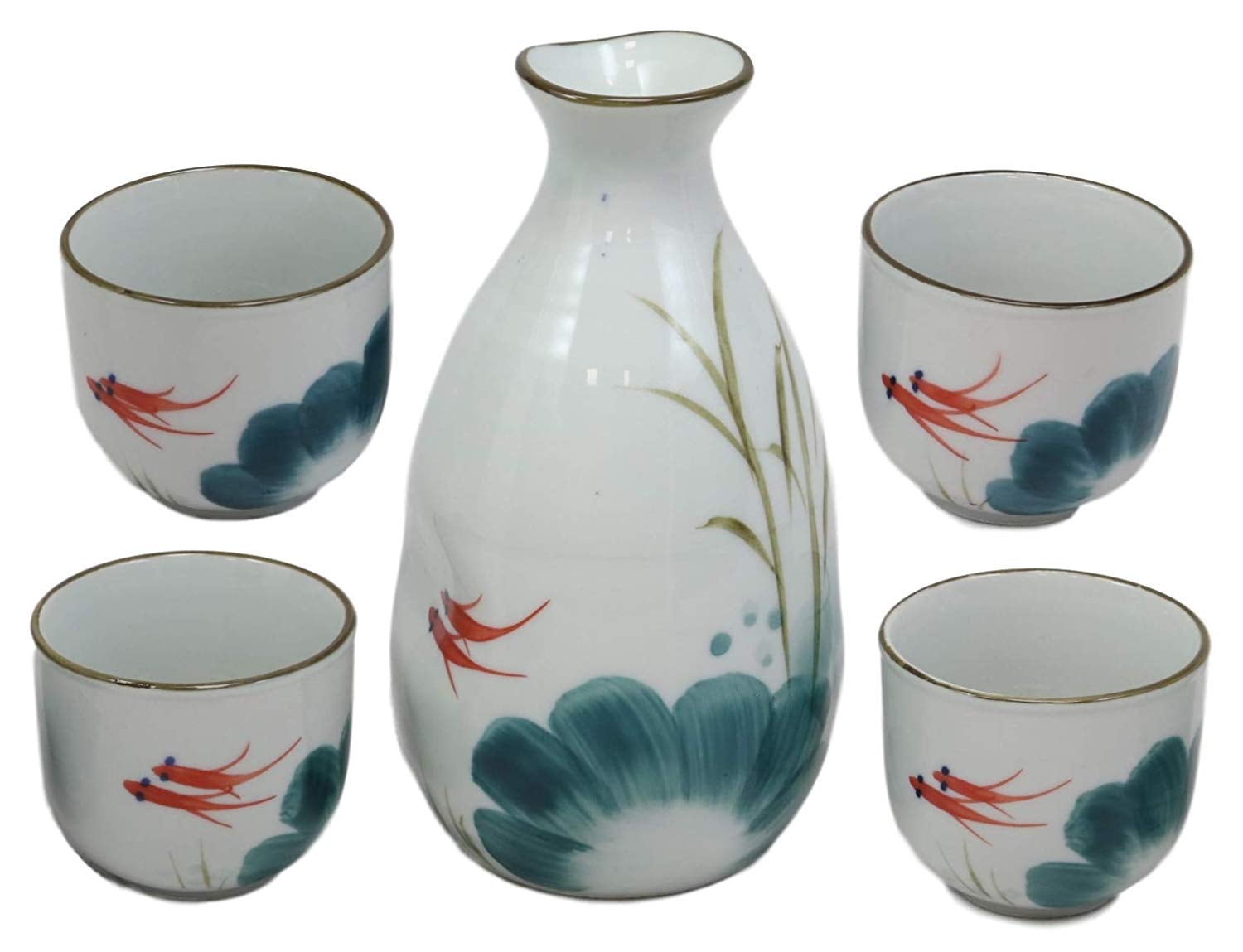 Feng Shui 2 Swimming Koi Fishes In Zen Pond Porcelain Sake Flask And 4 Cups Set