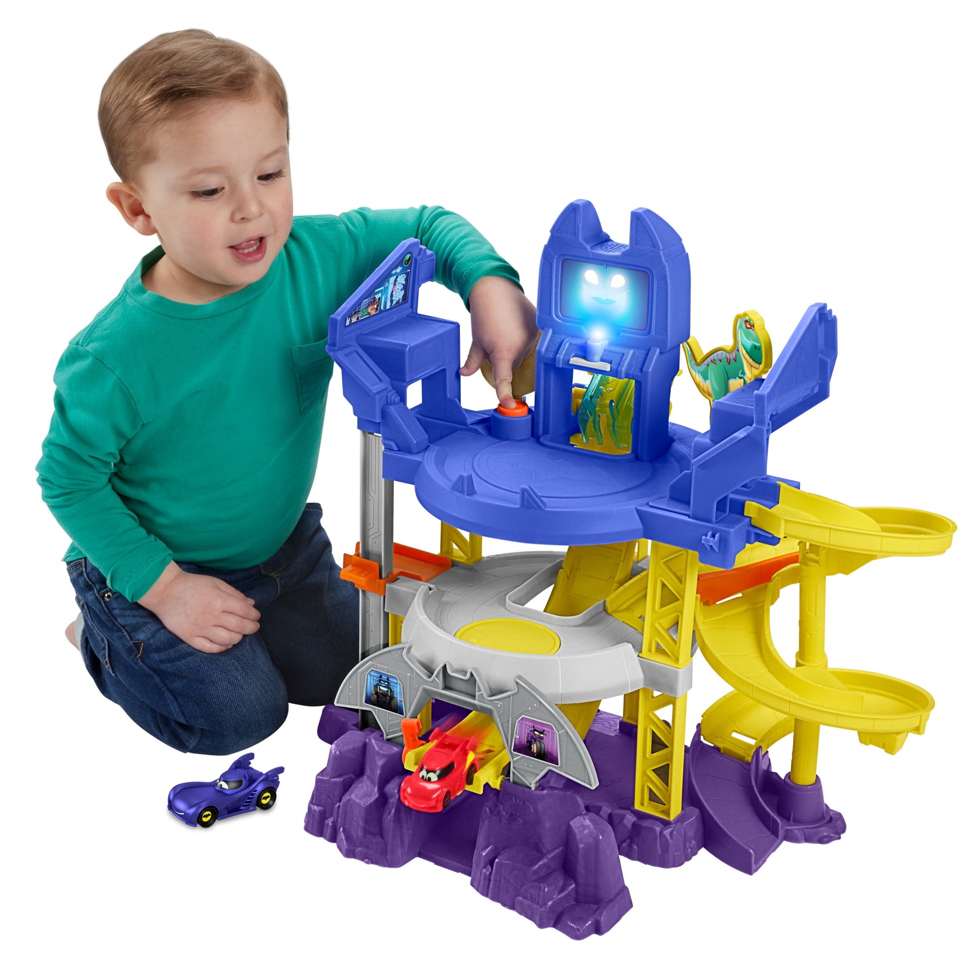 Fisher-Price DC Batwheels Race Track Playset, Launch & Race Batcave with Lights Sounds & 2 Toy Cars