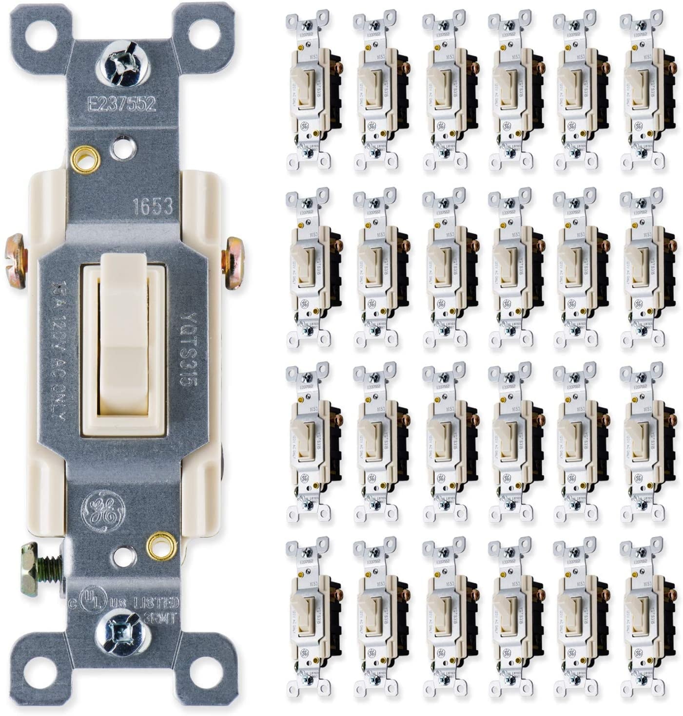 GE Grounding Toggle 25 Pack, 3-Way, in-wall On/Off Fan & Light Replacement, 15 Amp, Light Almond, 44033 Light Switches