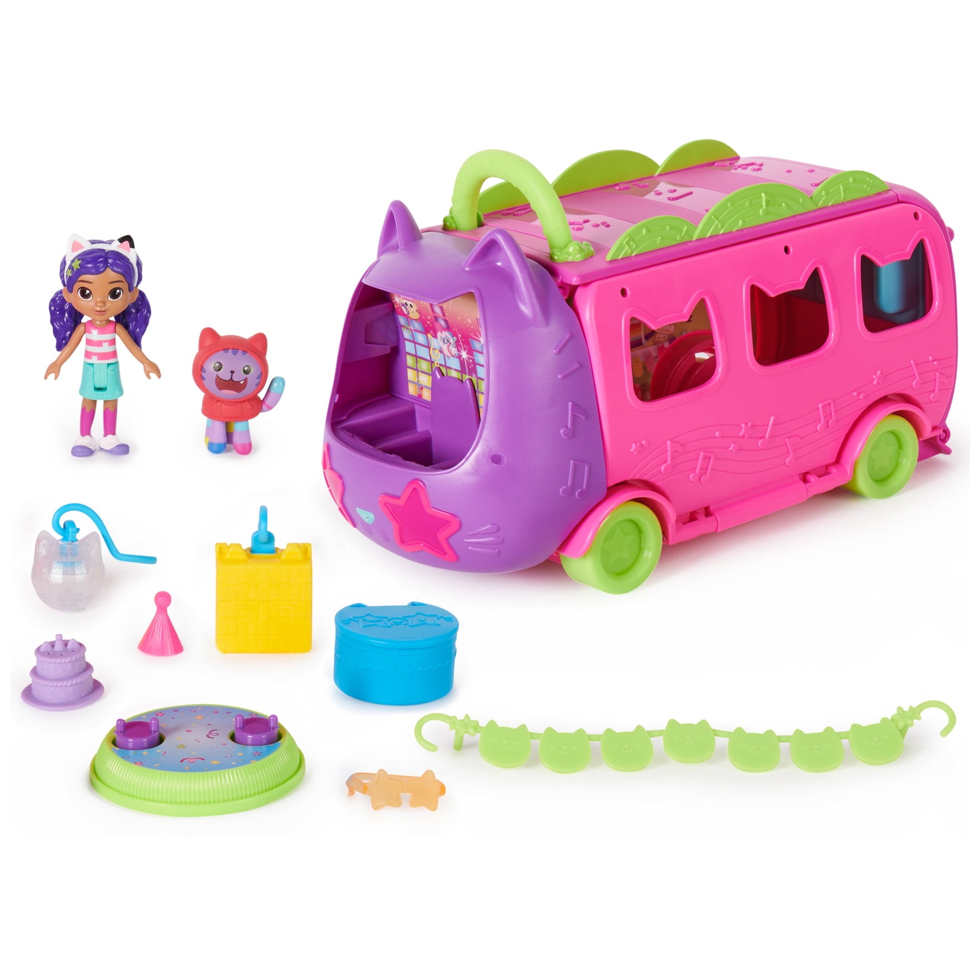 Gabby’s Dollhouse, Celebration Party Bus Transforming Vehicle Playset with Gabby & DJ Catnip Toy Figures