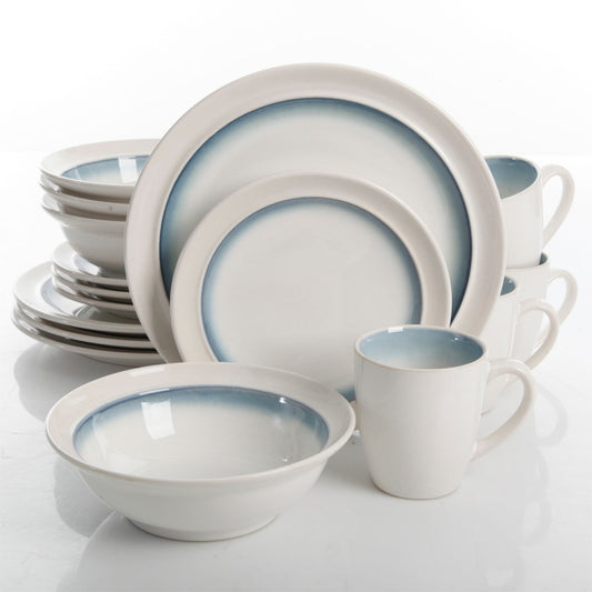 Gibson Elite Lawson 16 Piece Versatile Glazed Dinnerware Dish Set, White/Teal