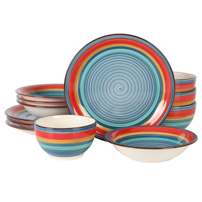 Gibson Home Rainbow Party 12 Piece Hand-Painted Multi-Color Stoneware Dinnerware Dish Set - Yellow