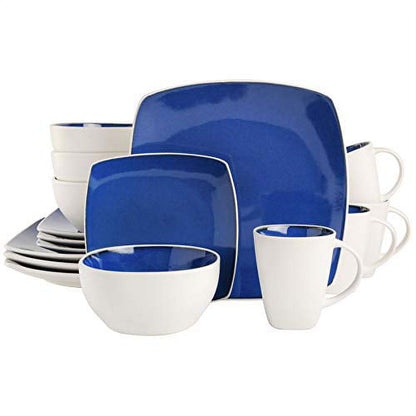 Gibson Soho Lounge White Square Stoneware Reactive Glaze 16-Piece Dinnerware Set - Blue