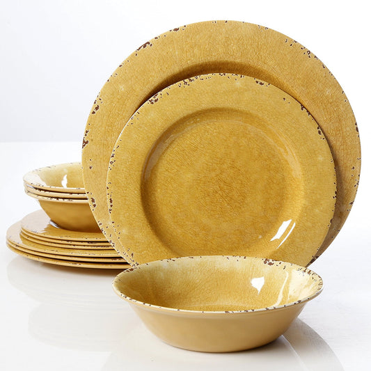 Gibson Studio Line by Laurie Gates 12 Piece Mauna Melamine Dinnerware Golden Yellow