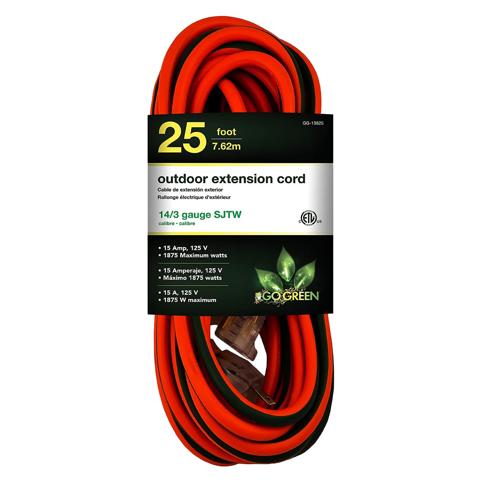 GoGreen Power (GG-13825) 14/3 25’ SJTW Outdoor Extension Cord, Lighted Extension Cord, 25 ft