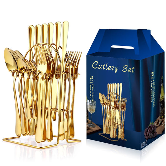 Gold Silverware Set, 24 Pieces Flatware Set with Silverware Holder, Stainless Steel Knives and Forks and Spoons Cutlery Set Service for 6, Kitchen Utensil Tableware Set