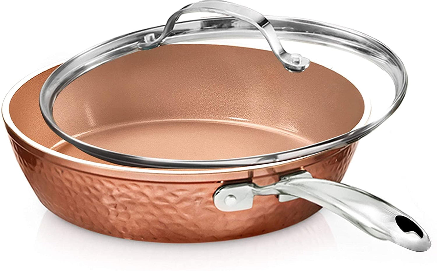 Gotham Steel Hammered Nonstick Frying Pan 10" inch Skillet With Glass Lid Cooking Pan Oven Safe Induction Copper