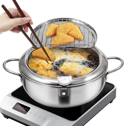 Hawsaiy 11 Inch Stainless Steel Tempura Frying Pot with Lid, Temperature Control and Oil Drip Rack