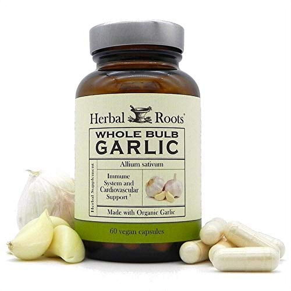 Herbal Roots Garlic - Organic Whole Bulb Garlic Supplement Pills - No Soy - Potent Extra Strength - Immune Support - 600 mg, 60 Capsules