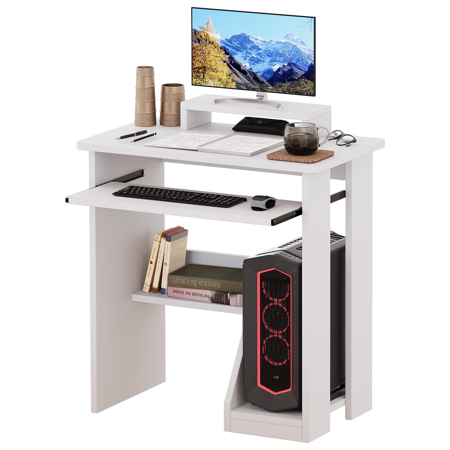 ALISENED Computer Desk with Monitor Stand Keyboard Tray, 29.5 inch Sturdy Desk with Storage Shelves