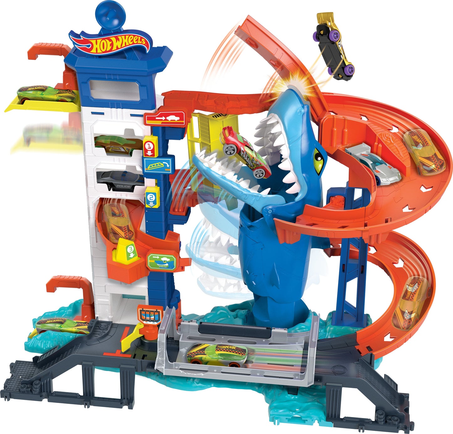 Hot Wheels City Attacking Shark Escape Playset with 1 Toy Car in 1:64 Scale, Length 21.3 in