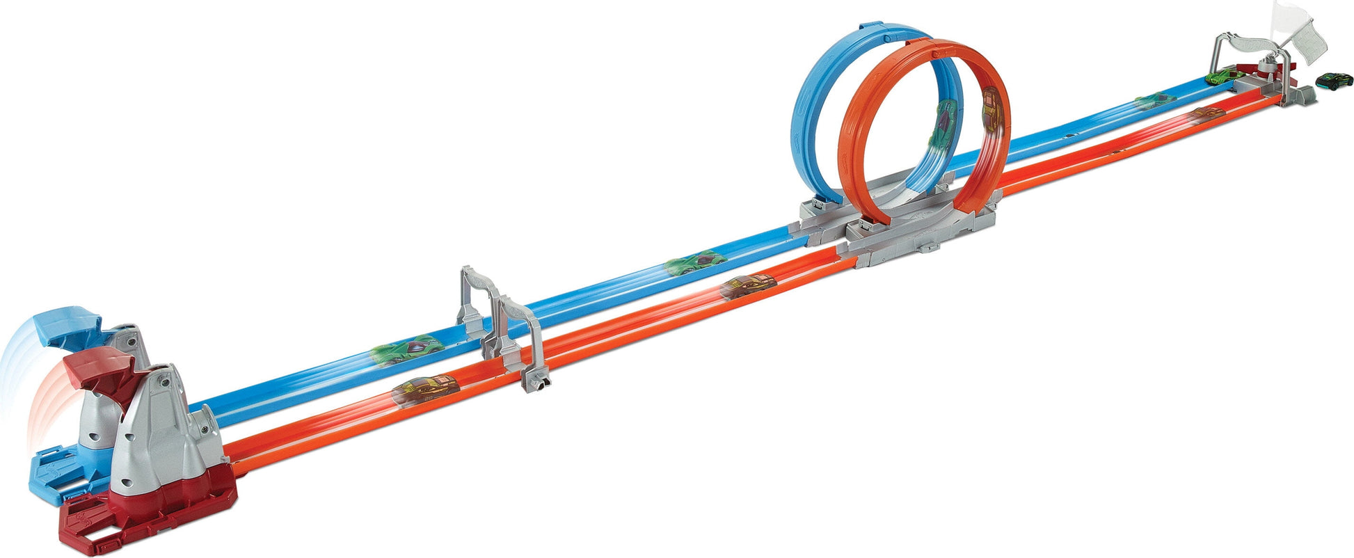 Hot Wheels Double Loop Dash Track Set with 2 Toy Cars in 1:64 Scale, 12-ft Long, Ages 5 and up