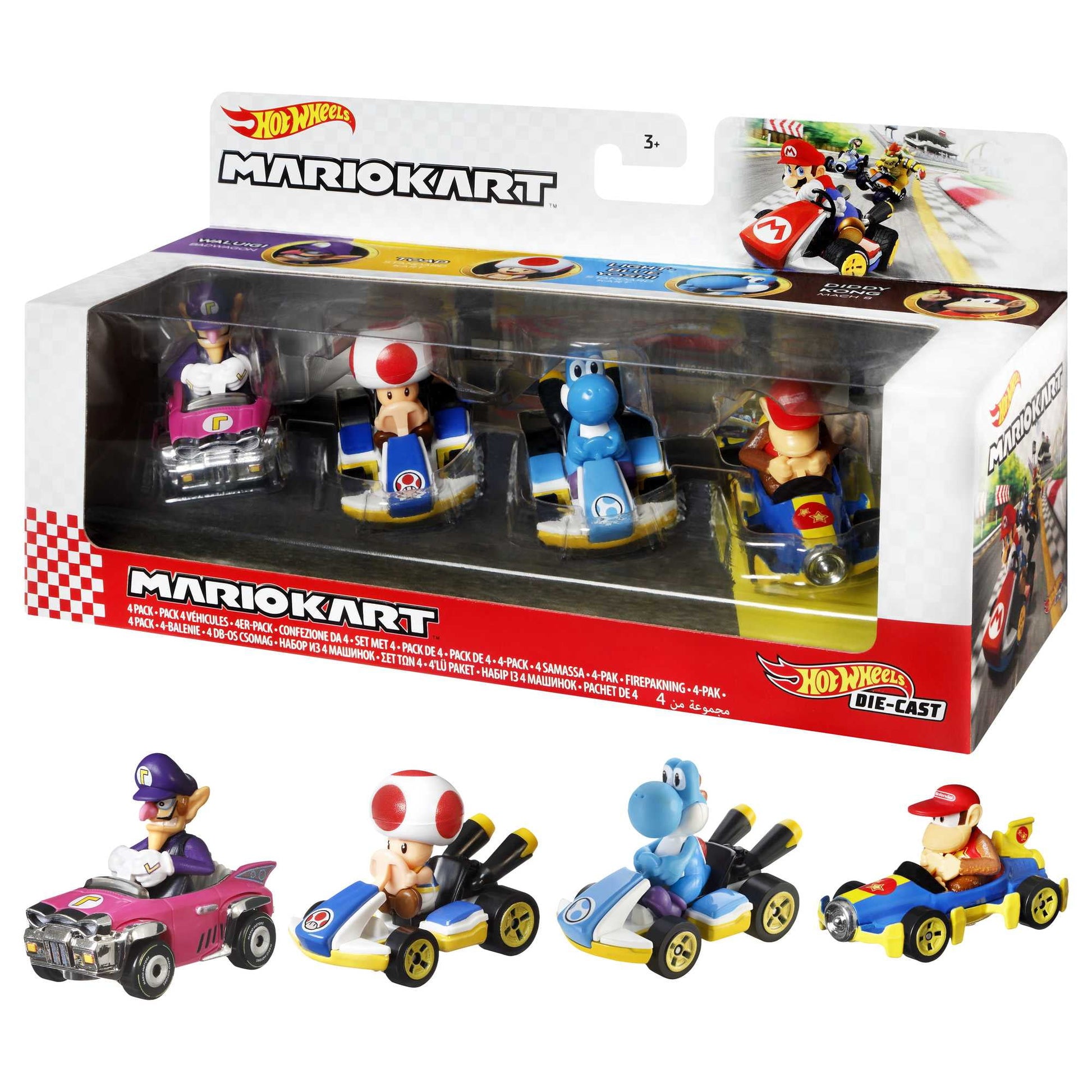 Hot Wheels Mario Kart Set of 4 Toy Character Vehicles, Includes 1 Exclusive Mario Toy (Styles May Vary), 0.68 lb