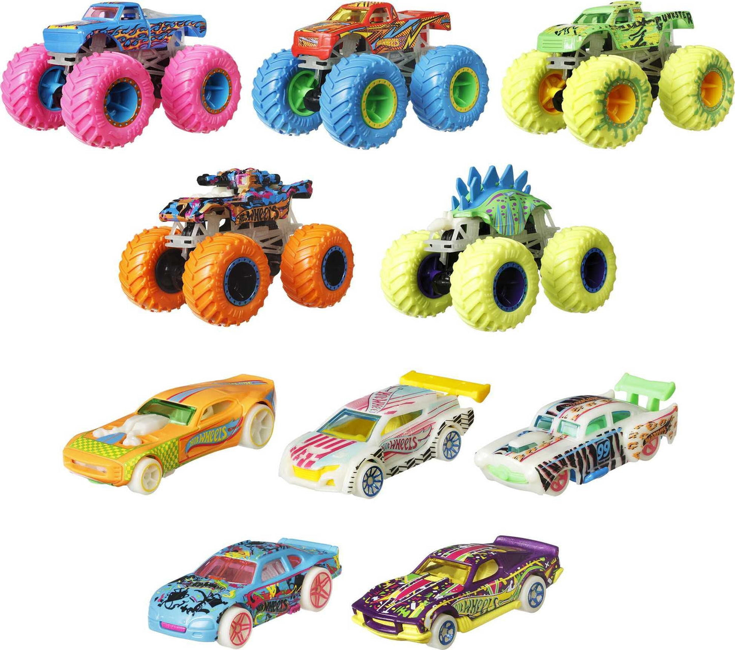 Hot Wheels Monster Trucks Glow In The Dark Multipack, 10 Toy 1:64 Vehicles: 5 Trucks & 5 Cars