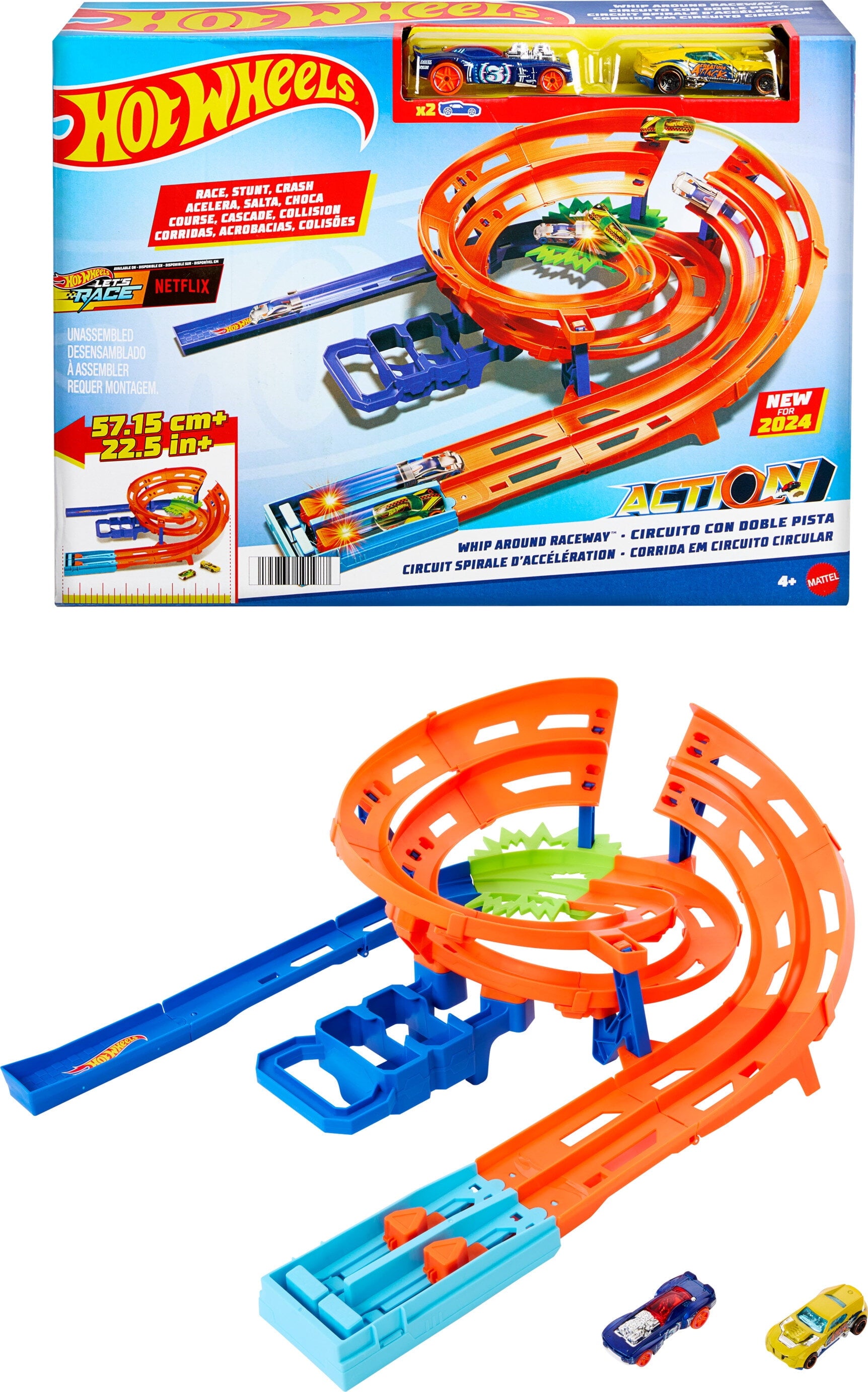 Hot Wheels Whip Around Raceway, 2 Toy Cars in 1:64 Scale, Storage, 23.61 in