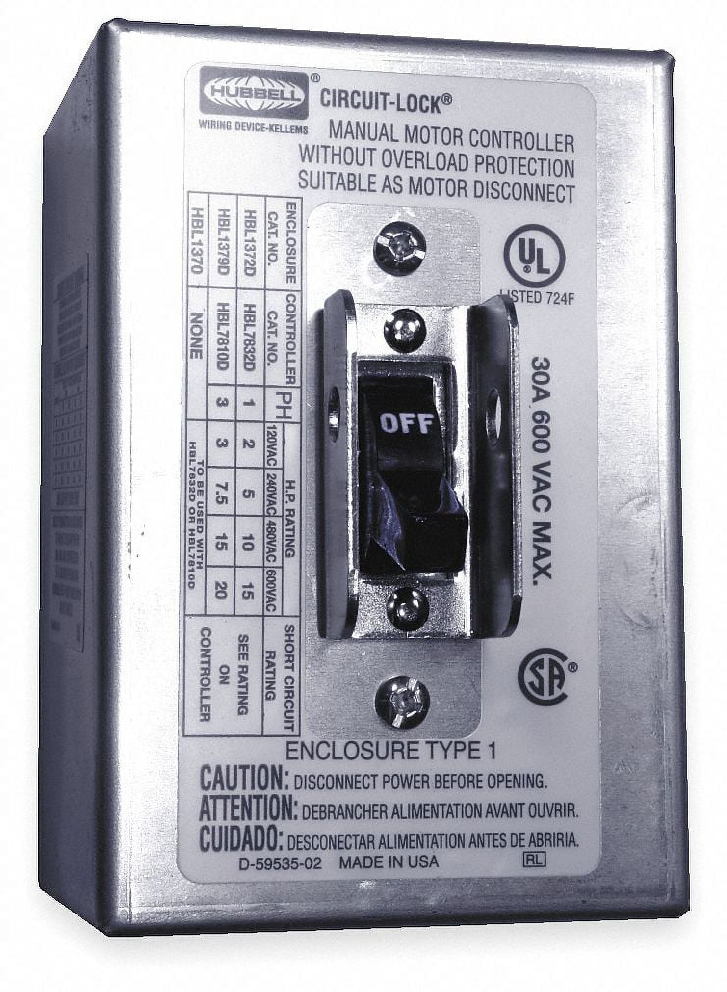 Hubbell HBL1372D 2 Pole Disconnect Switch with NEMA 1 Enclosure, 30 amp, 600V