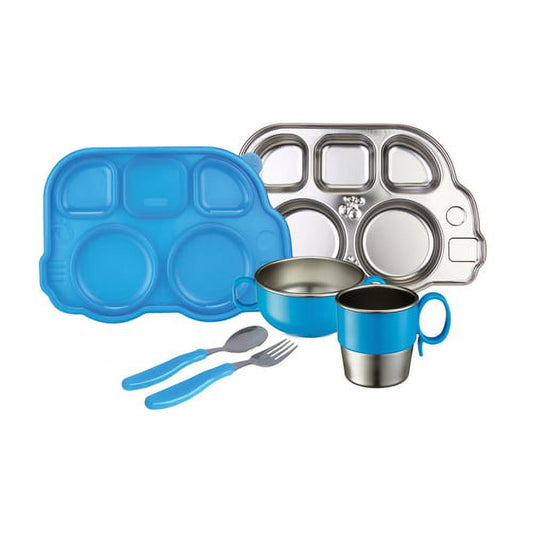 Innobaby Din Din Smart Stainless Steel Dinnerware Gift Set (Divided Plate, Sectional Lid, Cup, Bowl and Utensil Set) for Babies, Toddlers and Kids. BPA free, Blue