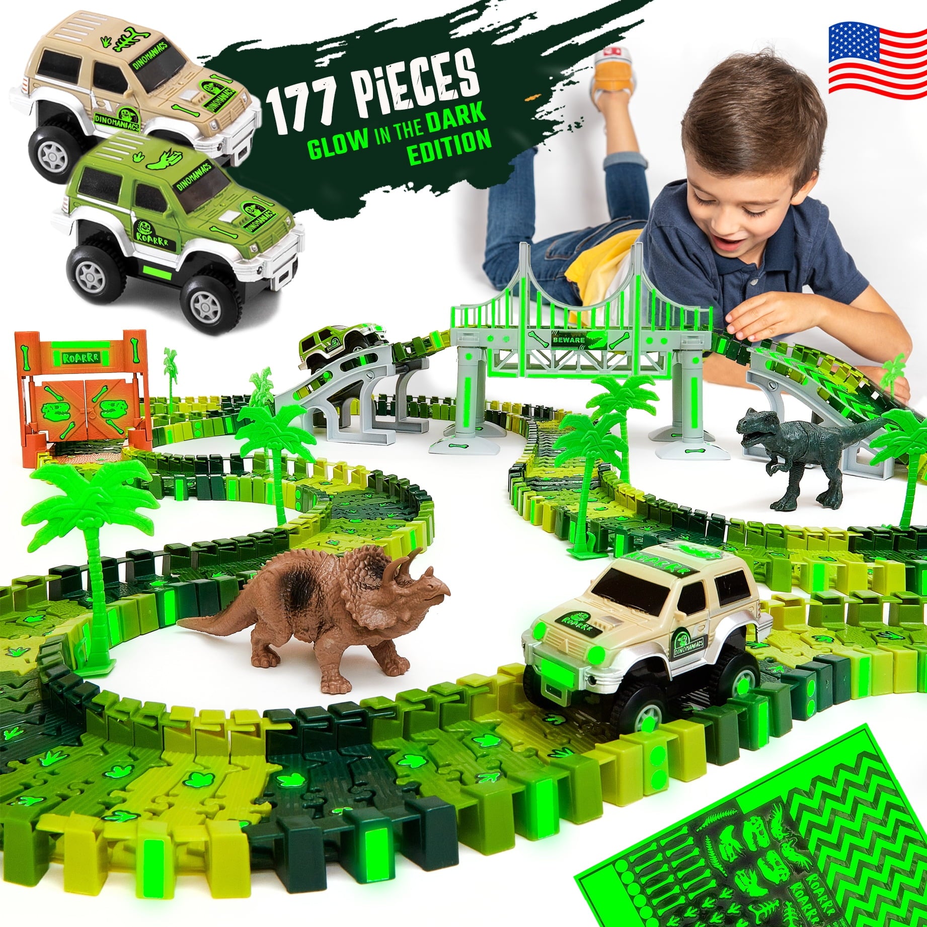 JitteryGit Dinosaur Toys Race Car Track STEM Set | Christmas Gifts For Boys Girls Kids Ages 3 4 5 6 7 8 Years Old