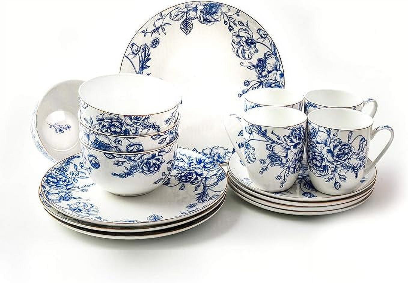 KOKEN - 16 Piece Dinnerware Sets – Blue china dinnerware set - Plates and Bowls Sets Dishes Set for 4 – Dinnerware Sets Kitchen Plates, mugs, Bowls, plate set - microwave safe plates & bowls for home