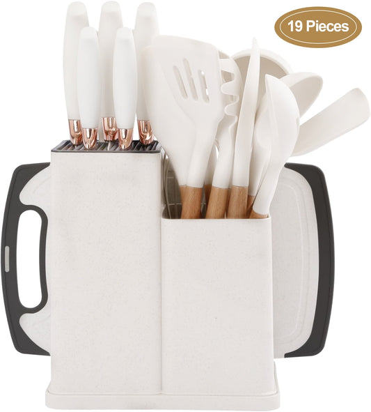 19PCS Kitchen Utensils Set for Cooking, 11 Cooking Utensils, 6 Knife set Beige,3 Utensil Sets,utensilios de cocina