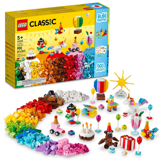 LEGO Classic Creative Party Box Bricks Set 11029, Family Games to Play Together, Includes 12 Mini-Build Toys: Teddy Bear, Clown, Unicorn, Fun for All ages 5 Plus