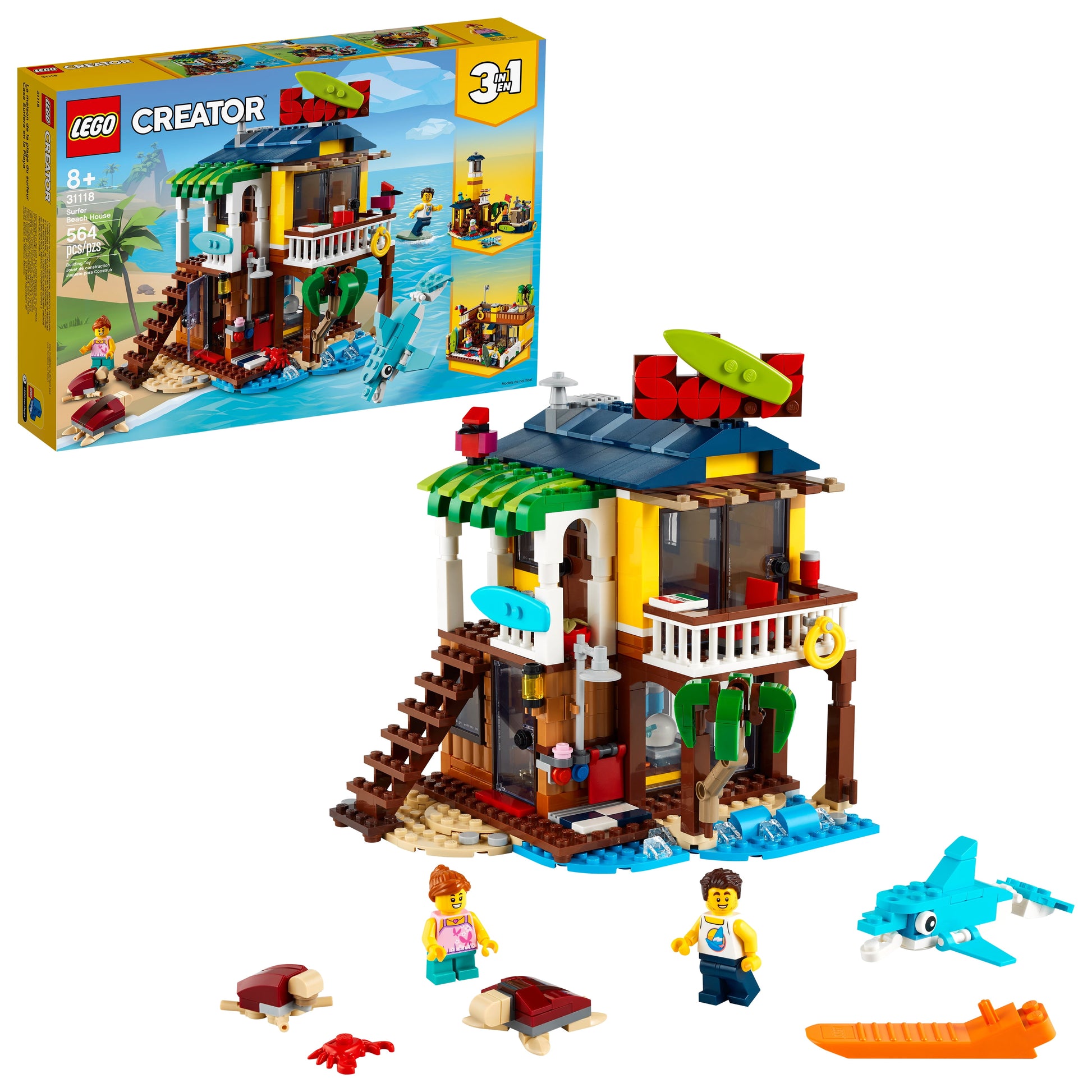 LEGO Creator 3 in 1 Surfer Beach House with 2 Minifigures and Dolphin Figure, Transforms from Surf Shack to Lighthouse to Pool House, Great Building Toy Set for Kids, Girls, and Boys Ages 8+, 31118