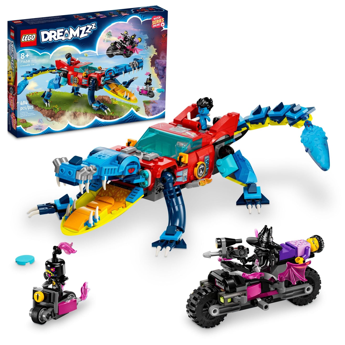 LEGO DREAMZzz Crocodile Car 71458 Building Toy Set, Rebuilds from Car to Off-Roader Truck Toy and Mini-Boat, Features Cooper, Jayden, and the Night Hunter Minifigures, Birthday Gift for 8 Year Olds