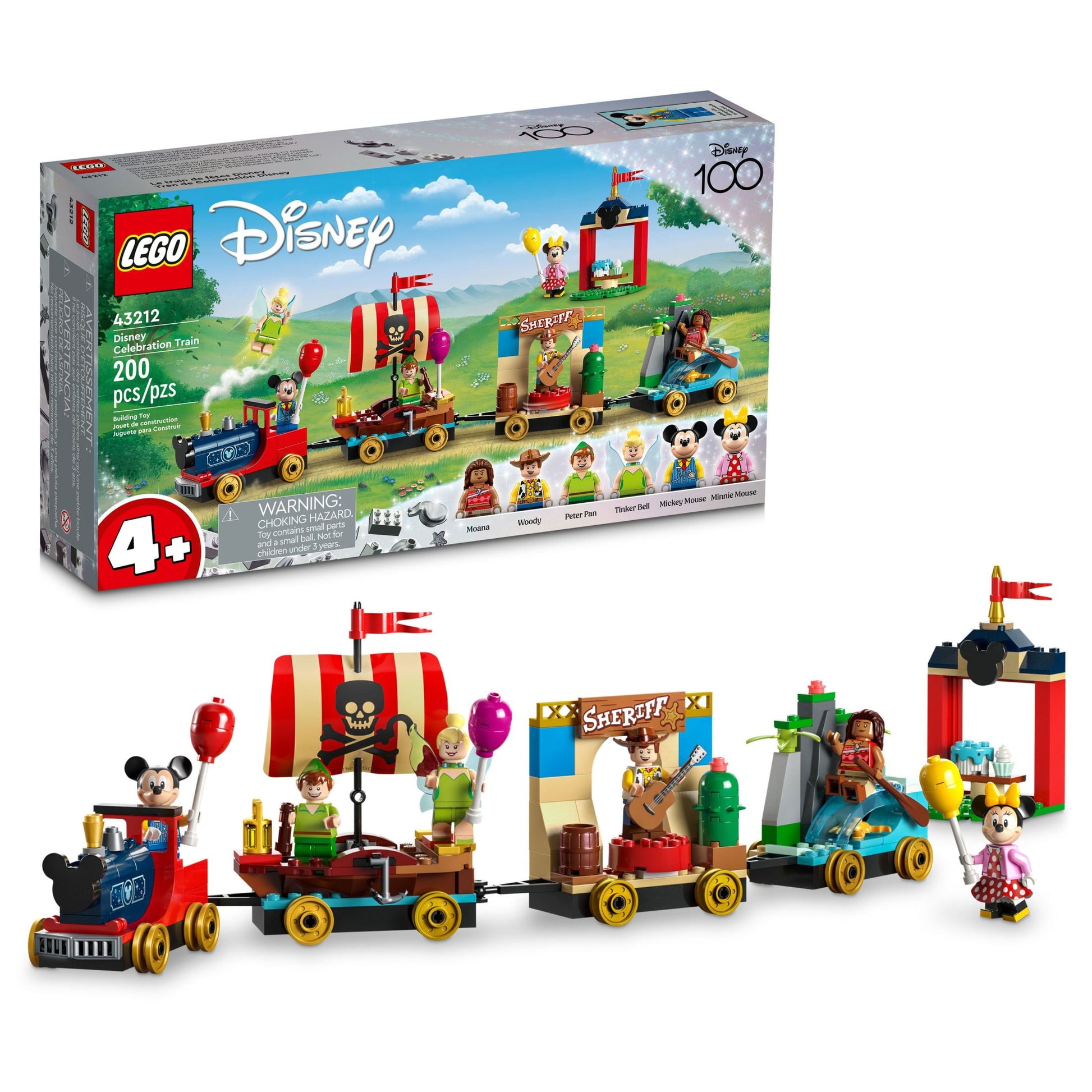 LEGO Disney 100 Celebration Train 43212 Building Toy, Imaginative Play, Fun Birthday Gift for Preschool Kids Ages 4+, 6 Disney Minifigures: Moana, Woody, Peter Pan, Tinker Bell, Mickey & Minnie Mouse