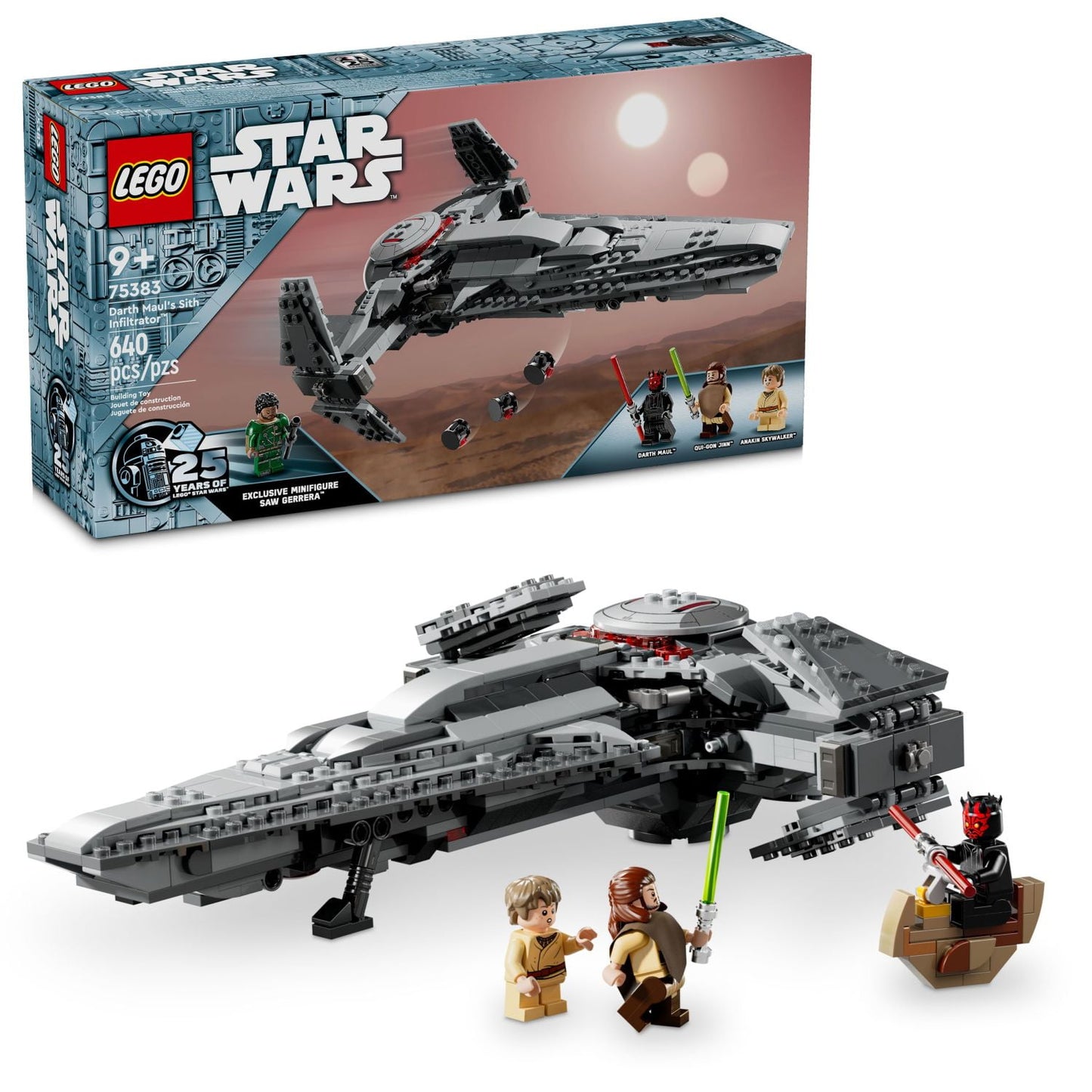 LEGO Star Wars: The Phantom Menace Darth Maul’s Sith Infiltrator Starship Toy, Includes Qui-Gon Jinn, Darth Maul, Anakin Skywalker, and Exclusive 25th Anniversary Saw Gerrera Minifigure, 75383